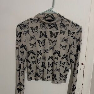 Junior's M Forever 21 Mesh Crop Top Long Sleeve Black and White Butterflies